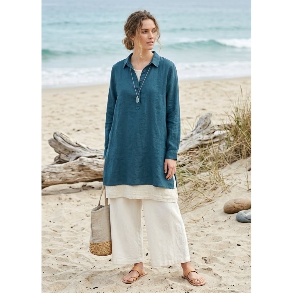 Eileen Fisher Washed Organic Linen Delave Shirtdress Womens L Blue LS Popover